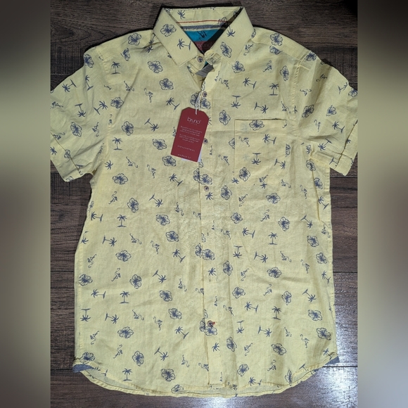 Bruno Milano Mens Short Sleeve Shirt Button Up Small NWT Yellow Flamingos Trees - Picture 2 of 16